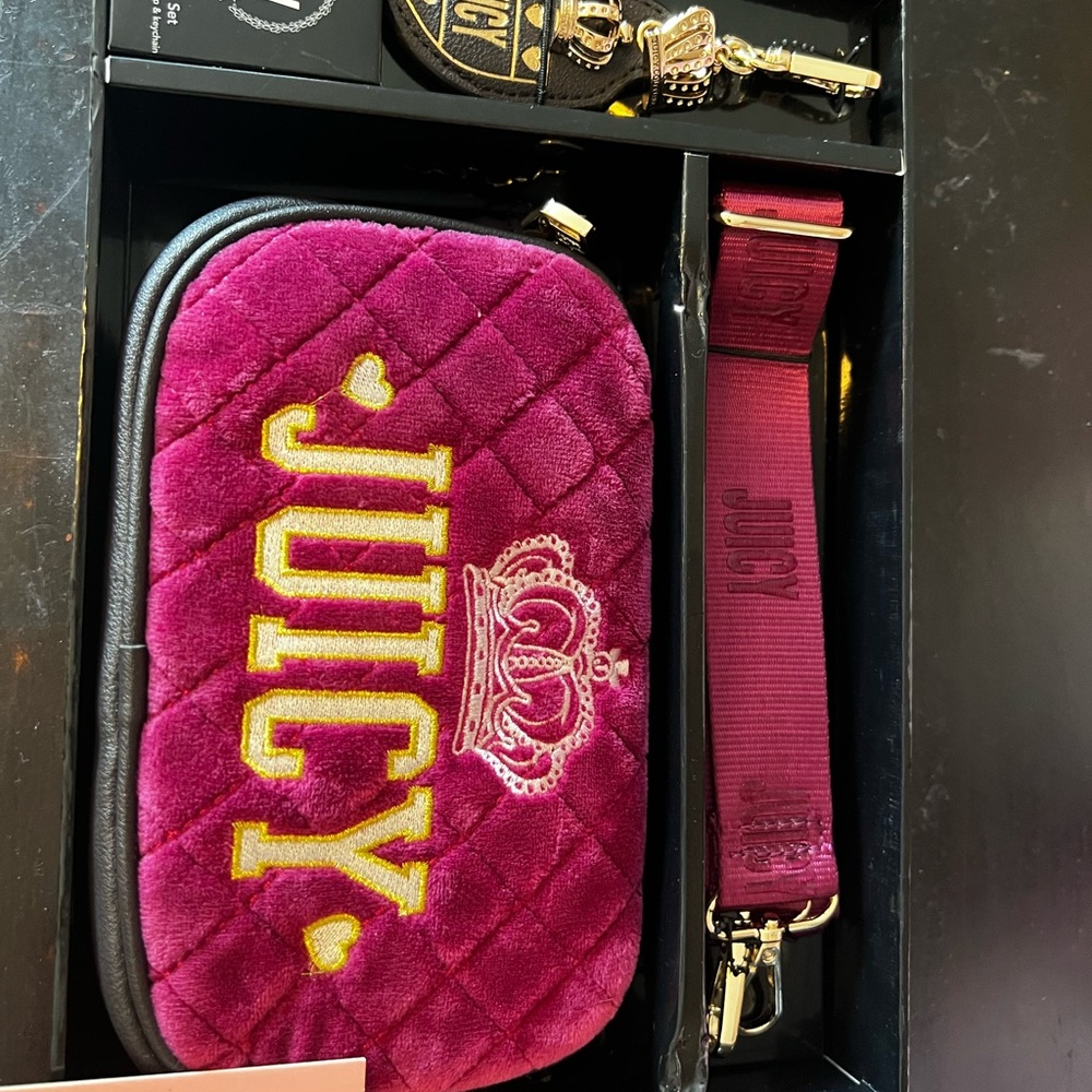 Juicy Couture Magenta Quilted Velvet Crossbody with Gold Embroidery